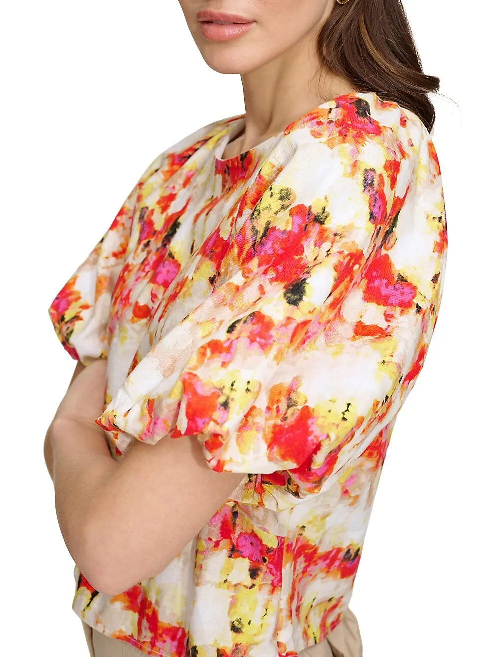 DKNY by Donna Karan Printed Linen Blend Crew Neck Short Puff Sleeve Top