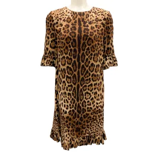 Dolce & Gabbana Brown / Black Leopard Printed Ruffled Crepe Dress