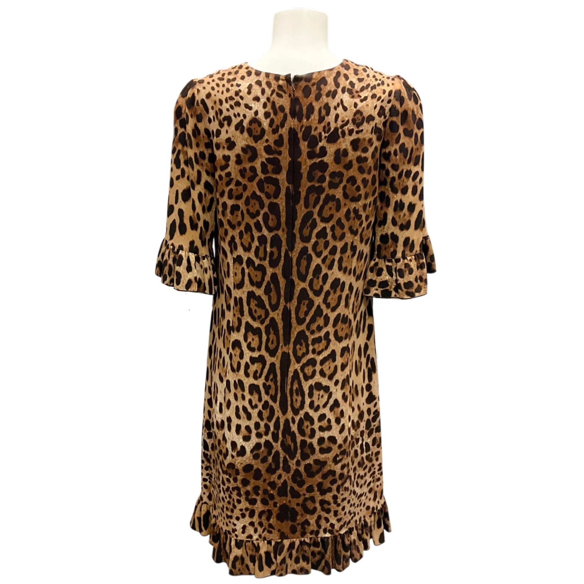 Dolce & Gabbana Brown / Black Leopard Printed Ruffled Crepe Dress