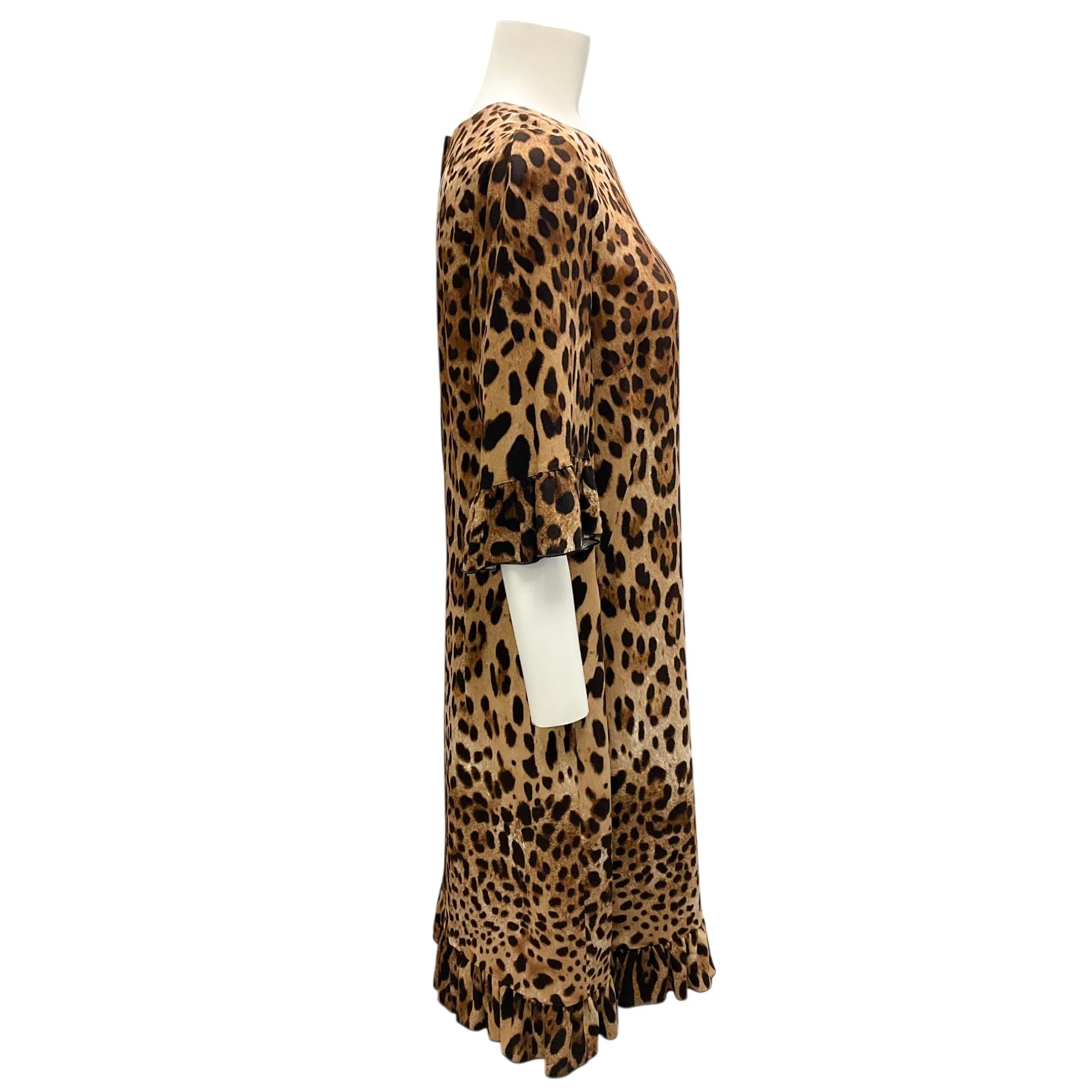 Dolce & Gabbana Brown / Black Leopard Printed Ruffled Crepe Dress
