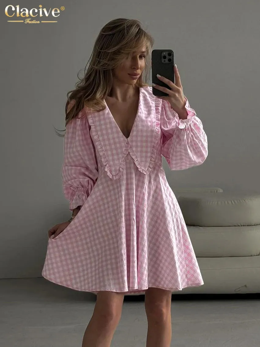 Doll Collar Loose Plaid Long Sleeve Dress