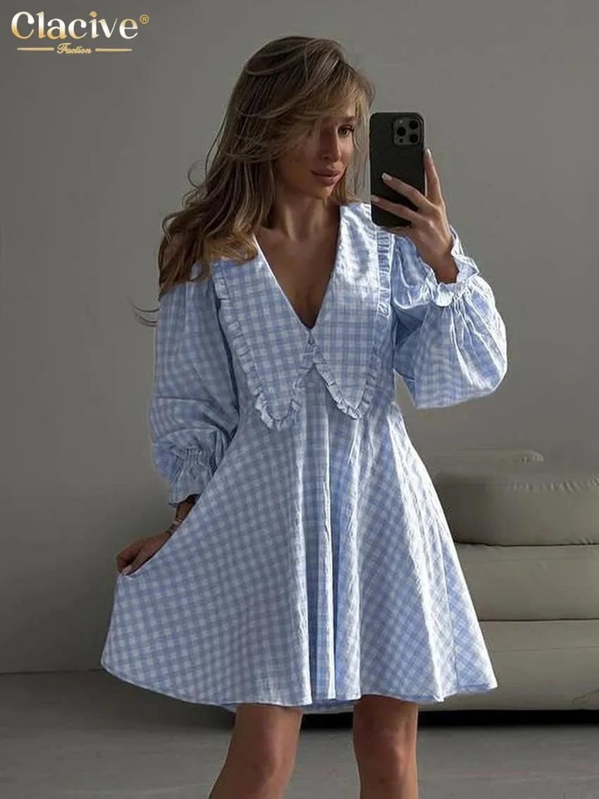 Doll Collar Loose Plaid Long Sleeve Dress
