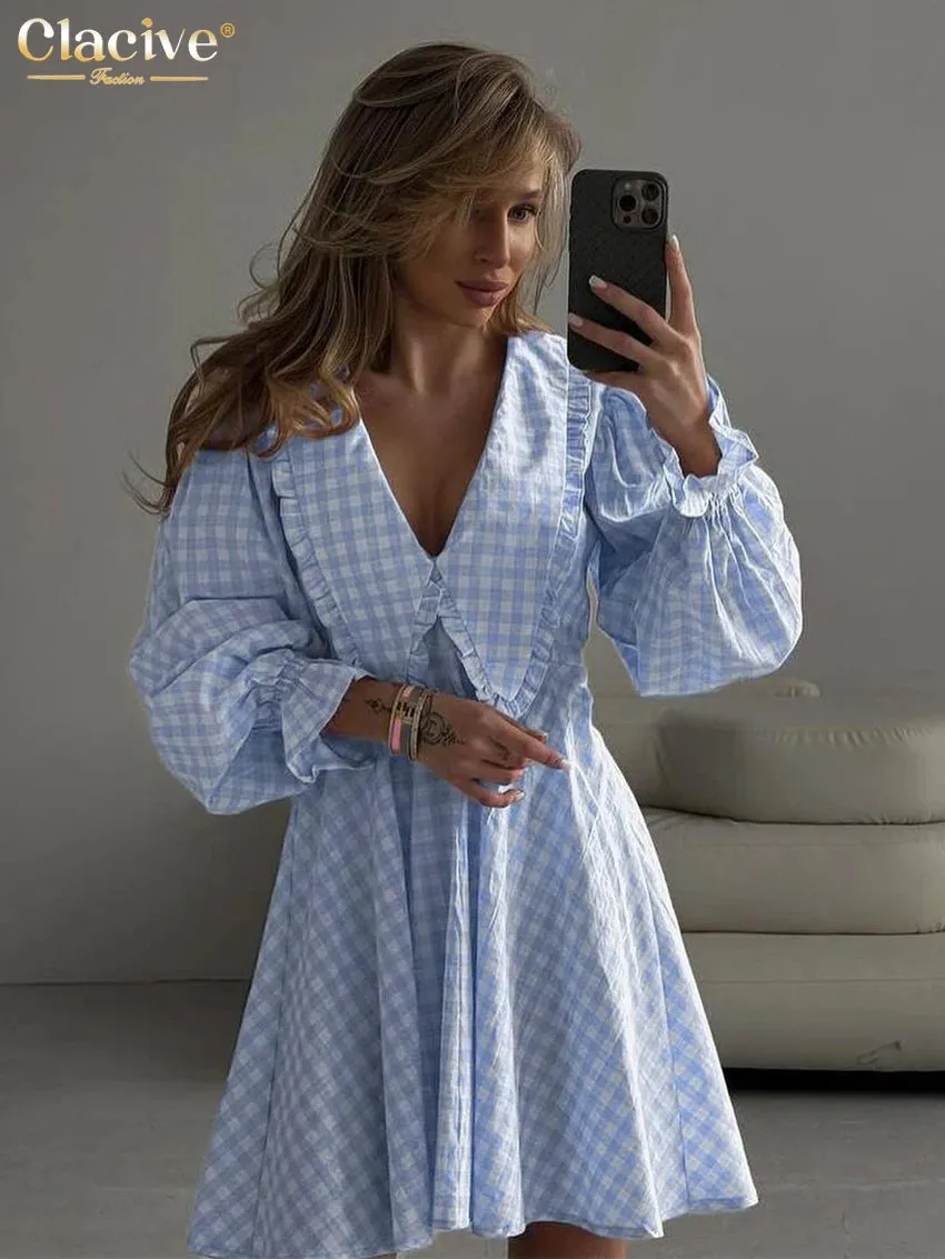 Doll Collar Loose Plaid Long Sleeve Dress