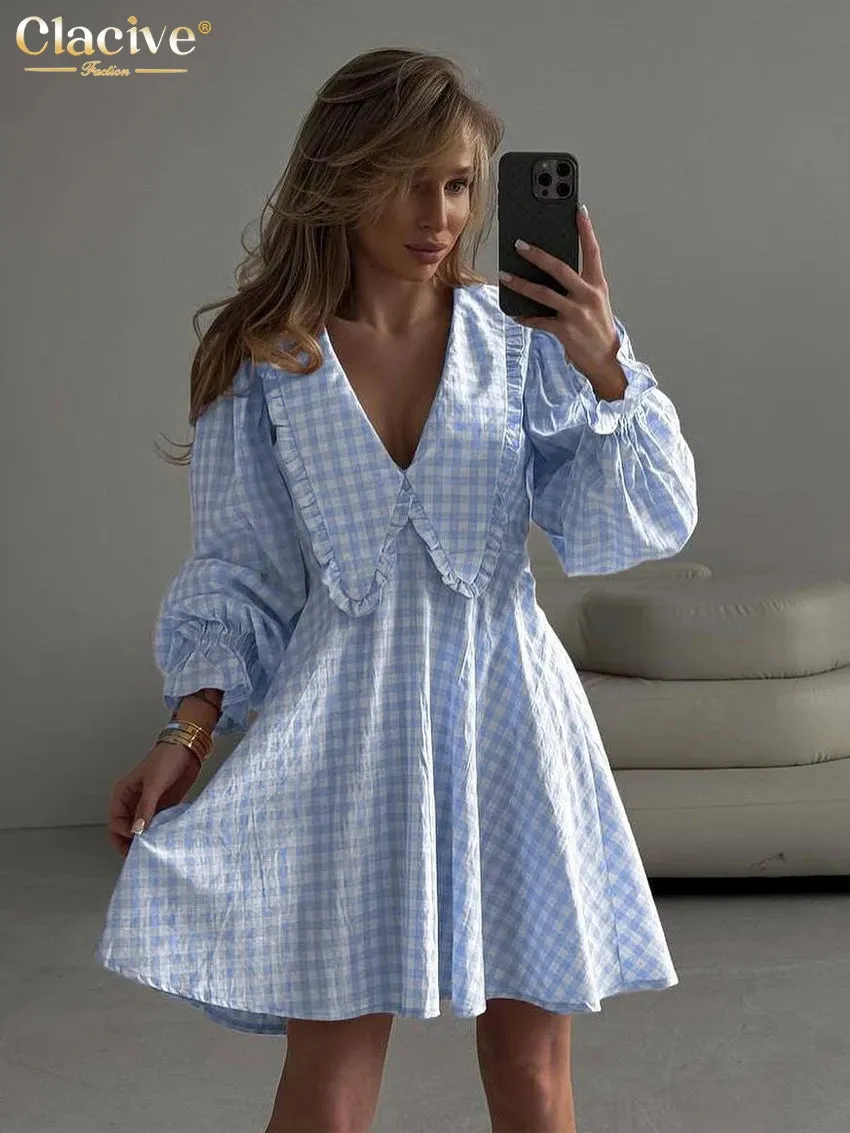 Doll Collar Loose Plaid Long Sleeve Dress
