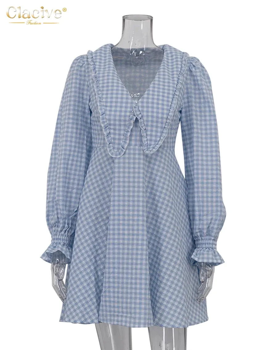 Doll Collar Loose Plaid Long Sleeve Dress