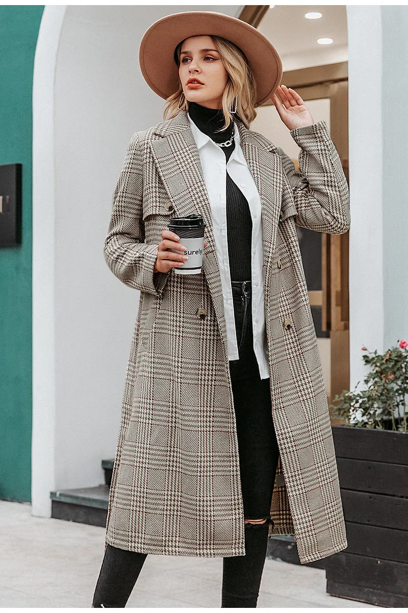 Double Breasted Wool Blend Plaid Coat