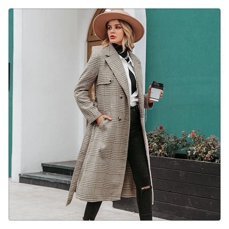 Double Breasted Wool Blend Plaid Coat