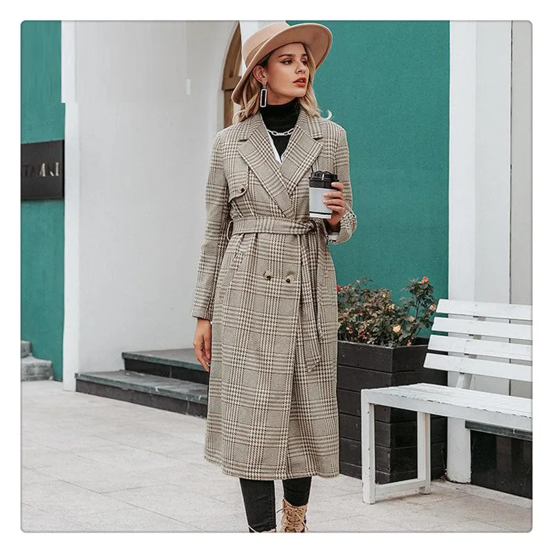 Double Breasted Wool Blend Plaid Coat