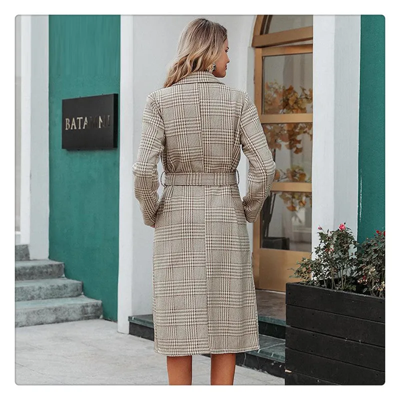 Double Breasted Wool Blend Plaid Coat