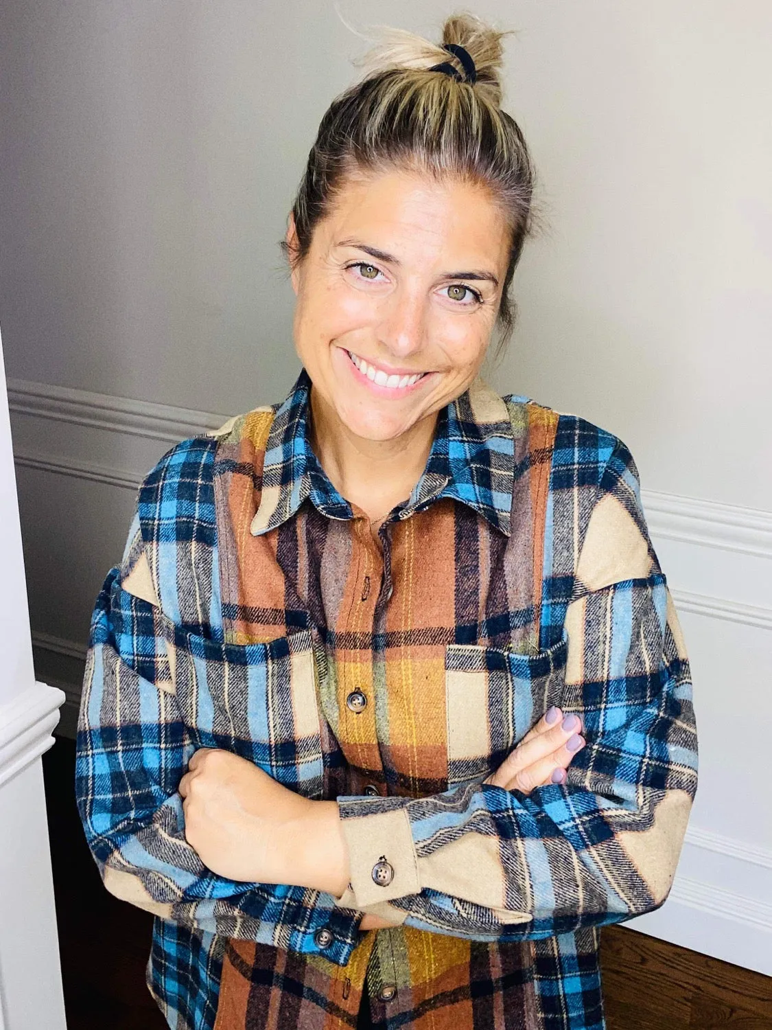 Double Take Plaid Curved Hem Shirt Jacket with Breast Pockets