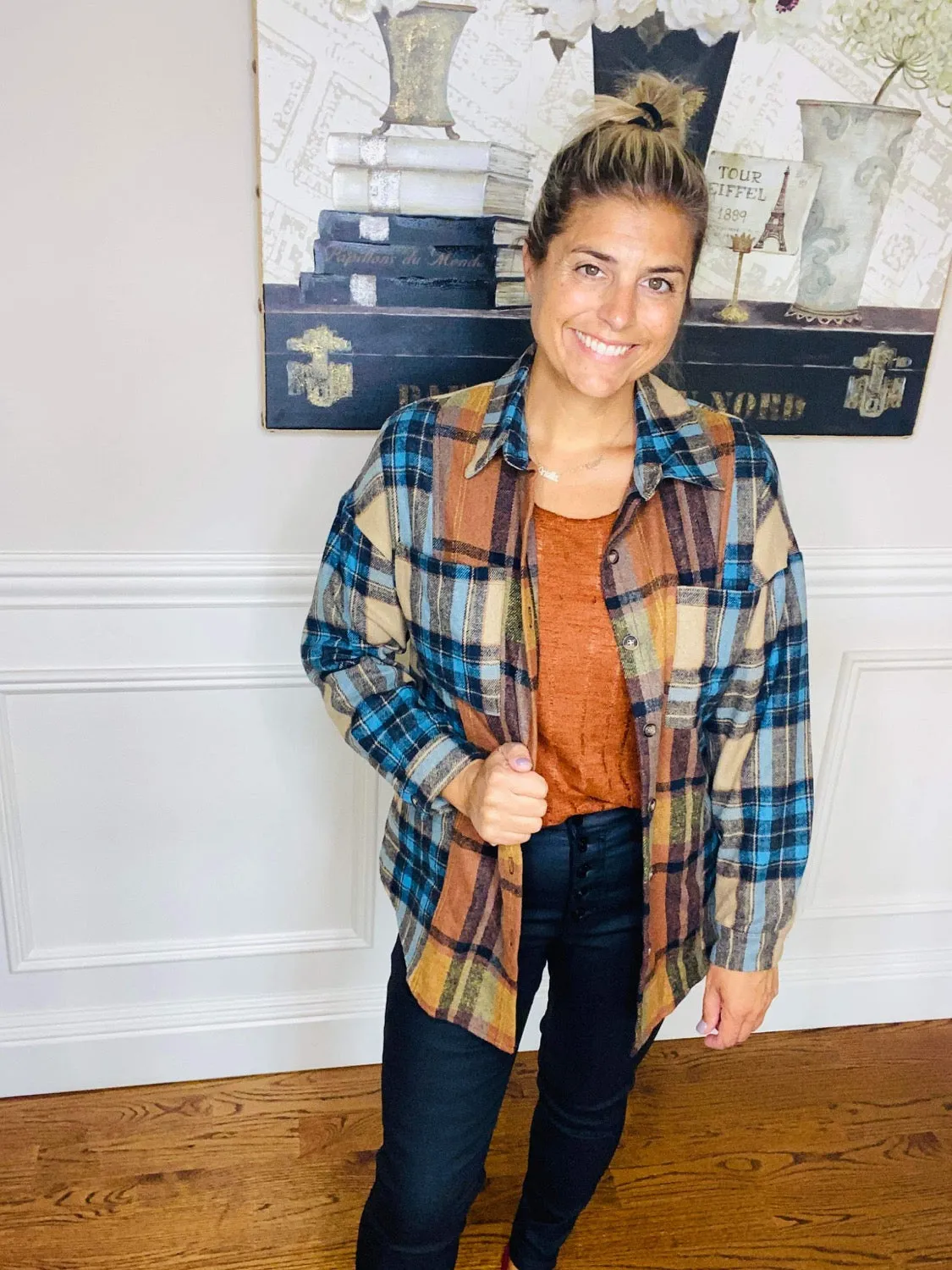 Double Take Plaid Curved Hem Shirt Jacket with Breast Pockets