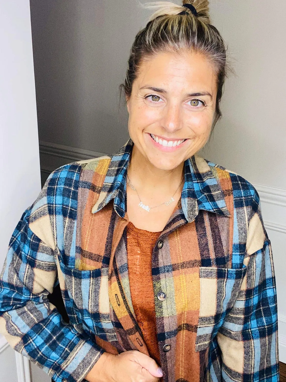 Double Take Plaid Curved Hem Shirt Jacket with Breast Pockets