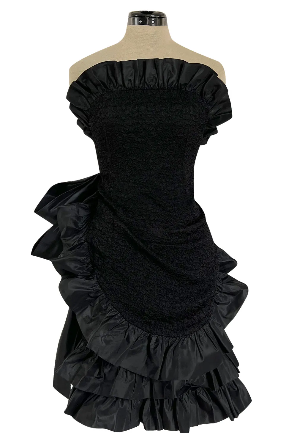 Dramatic Fall 1987 Yves Saint Laurent Strapless Silk & Taffeta Dress w Ruffles & Bow