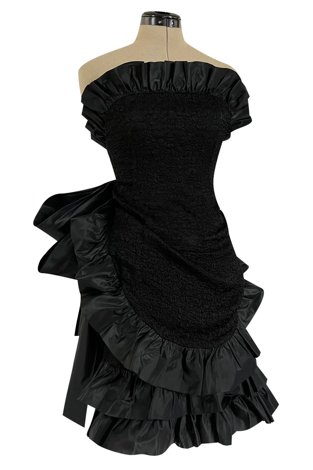 Dramatic Fall 1987 Yves Saint Laurent Strapless Silk & Taffeta Dress w Ruffles & Bow