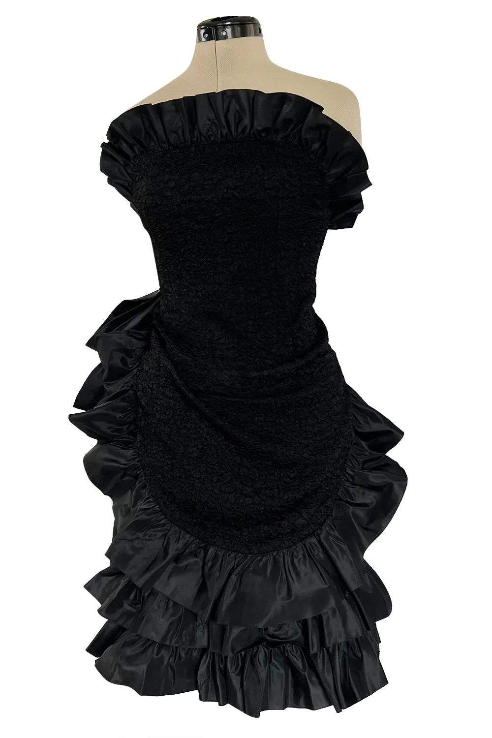 Dramatic Fall 1987 Yves Saint Laurent Strapless Silk & Taffeta Dress w Ruffles & Bow