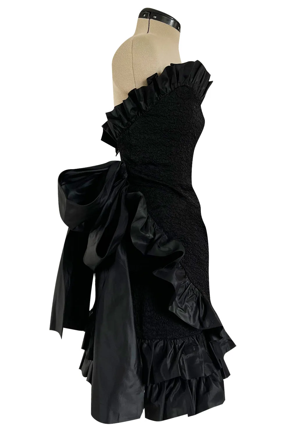 Dramatic Fall 1987 Yves Saint Laurent Strapless Silk & Taffeta Dress w Ruffles & Bow