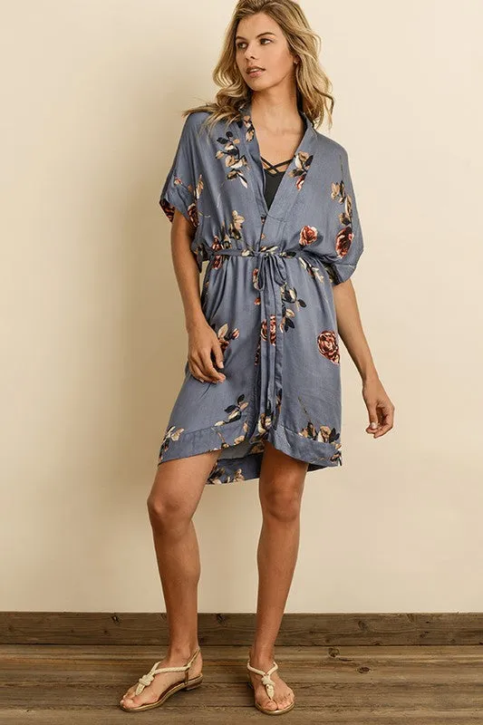 DREAMY FLORAL KIMONO DRESS BLUE