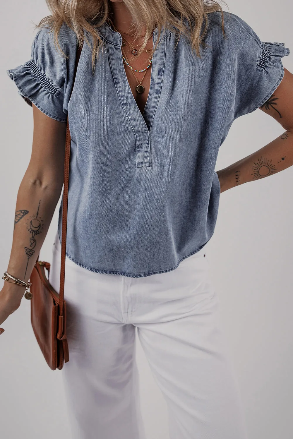 Dusk Blue V Neck Ruffled Short Puff Sleeve Denim Top