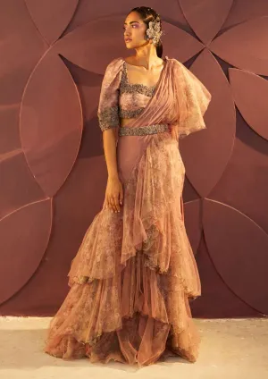 Dusty Rose Petal Ruffled Sari Set