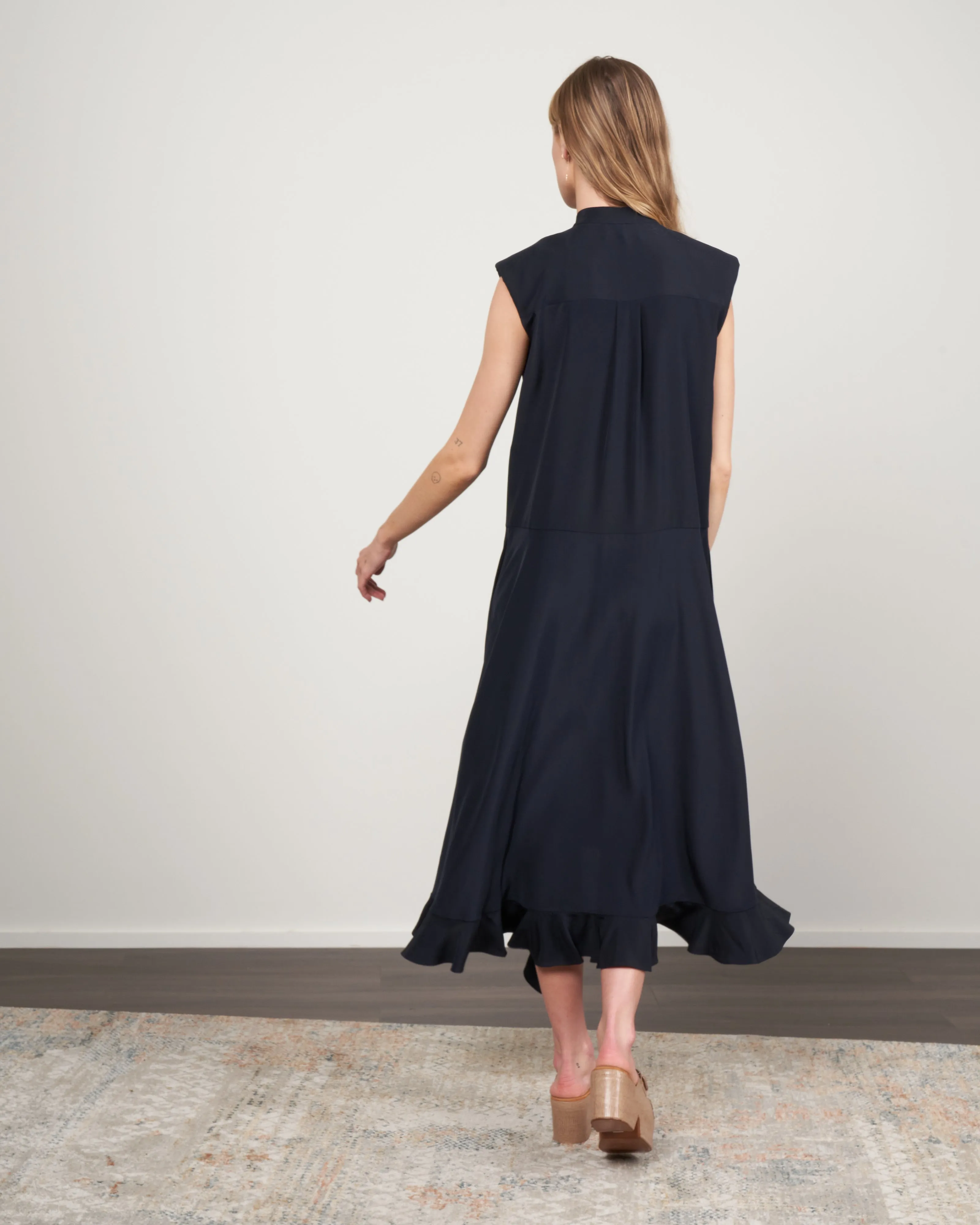 eco silk detached ruffle shirtdress - dark navy
