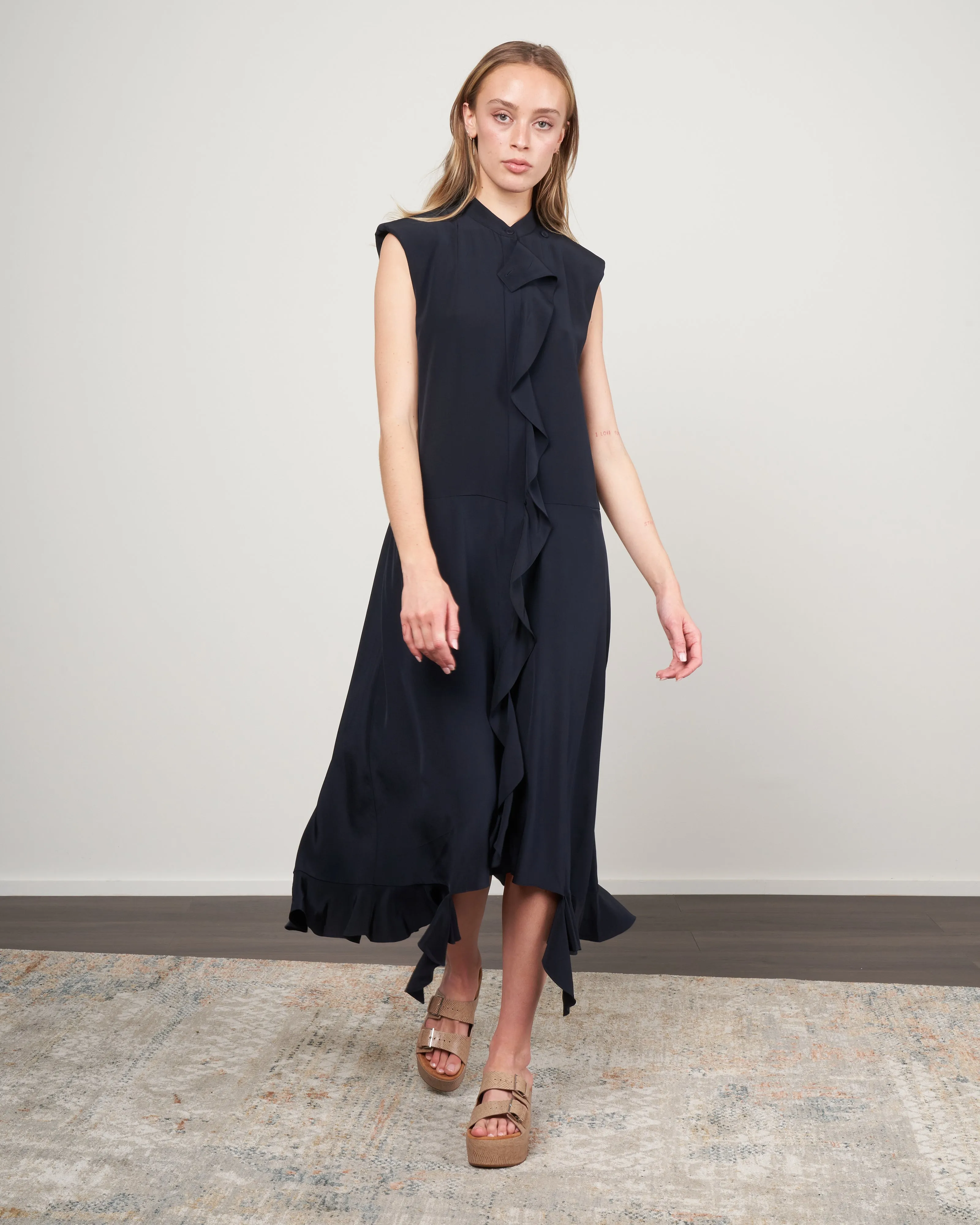 eco silk detached ruffle shirtdress - dark navy