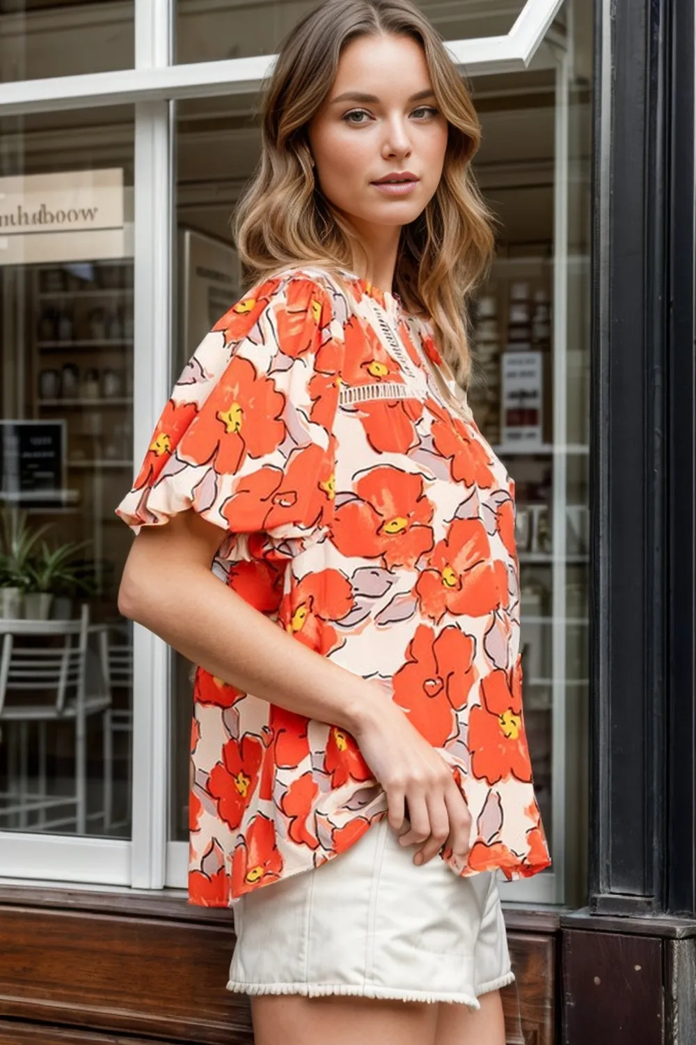 Eisa Printed Round Neck Short Sleeve Blouse