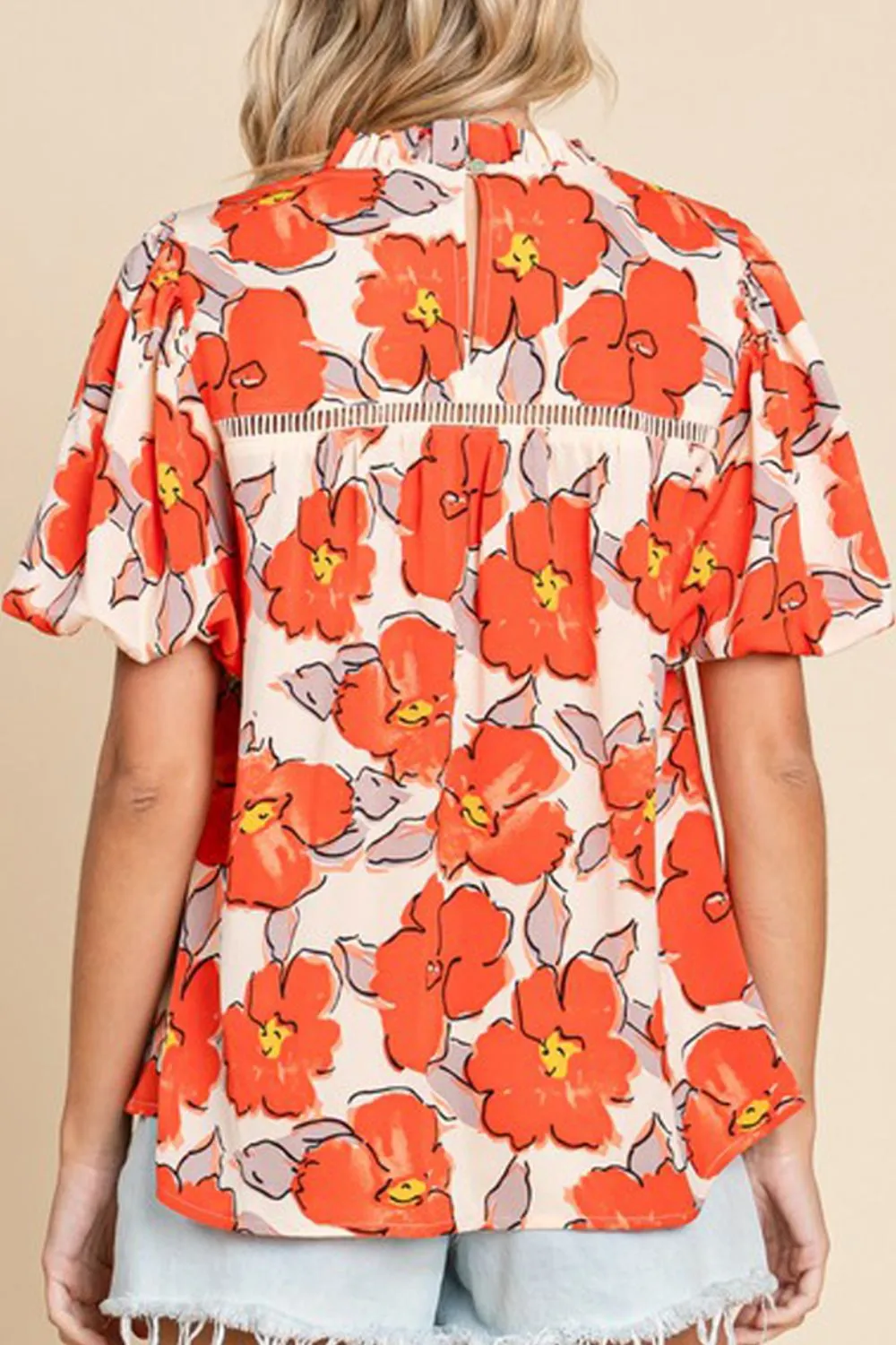 Eisa Printed Round Neck Short Sleeve Blouse