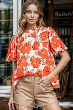 Eisa Printed Round Neck Short Sleeve Blouse