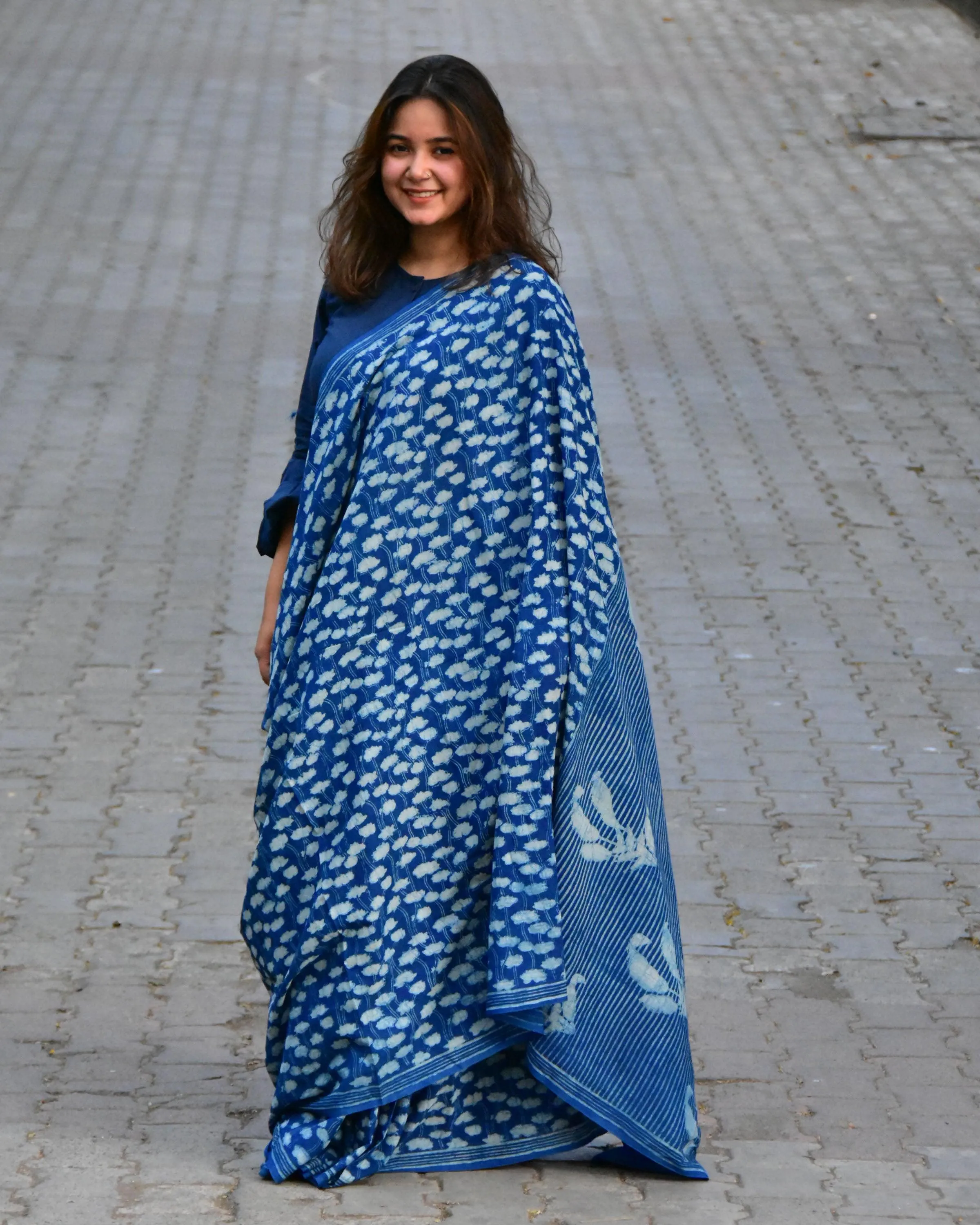 Ekta Handblock Printed Cotton Saree - Akash