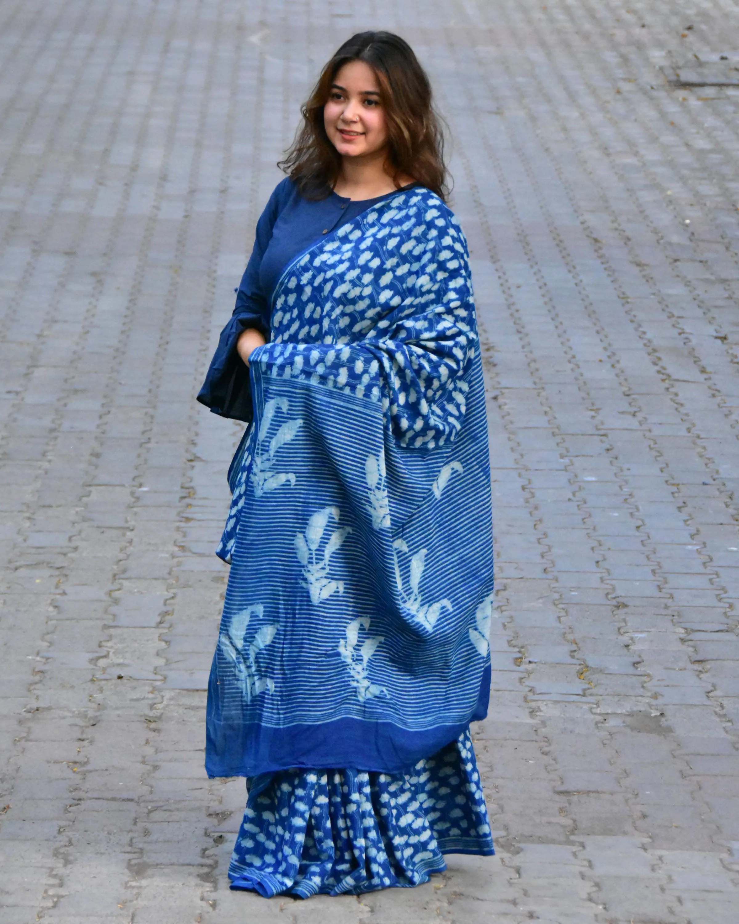 Ekta Handblock Printed Cotton Saree - Akash