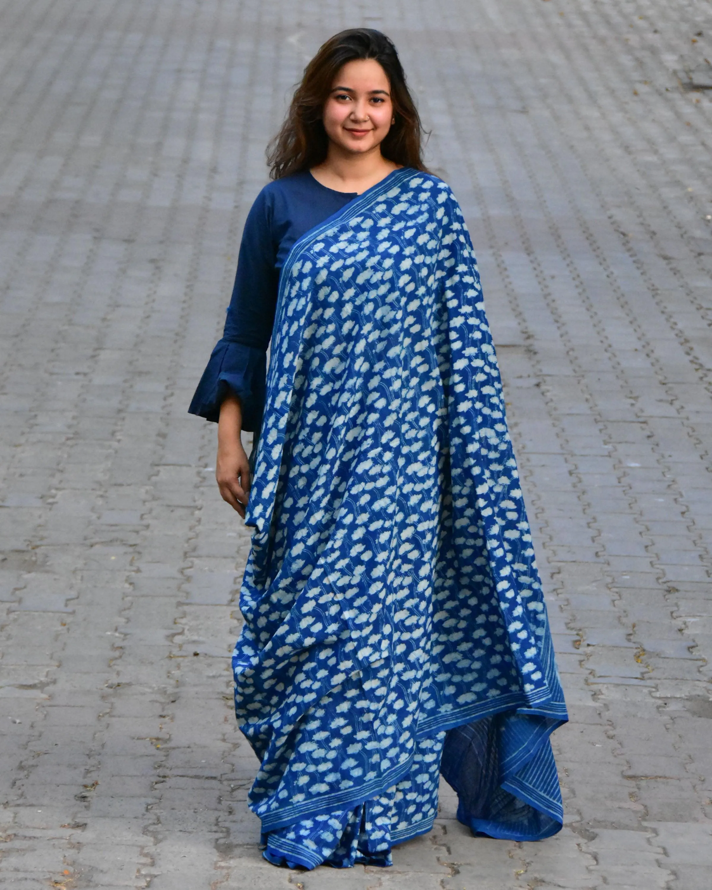 Ekta Handblock Printed Cotton Saree - Akash
