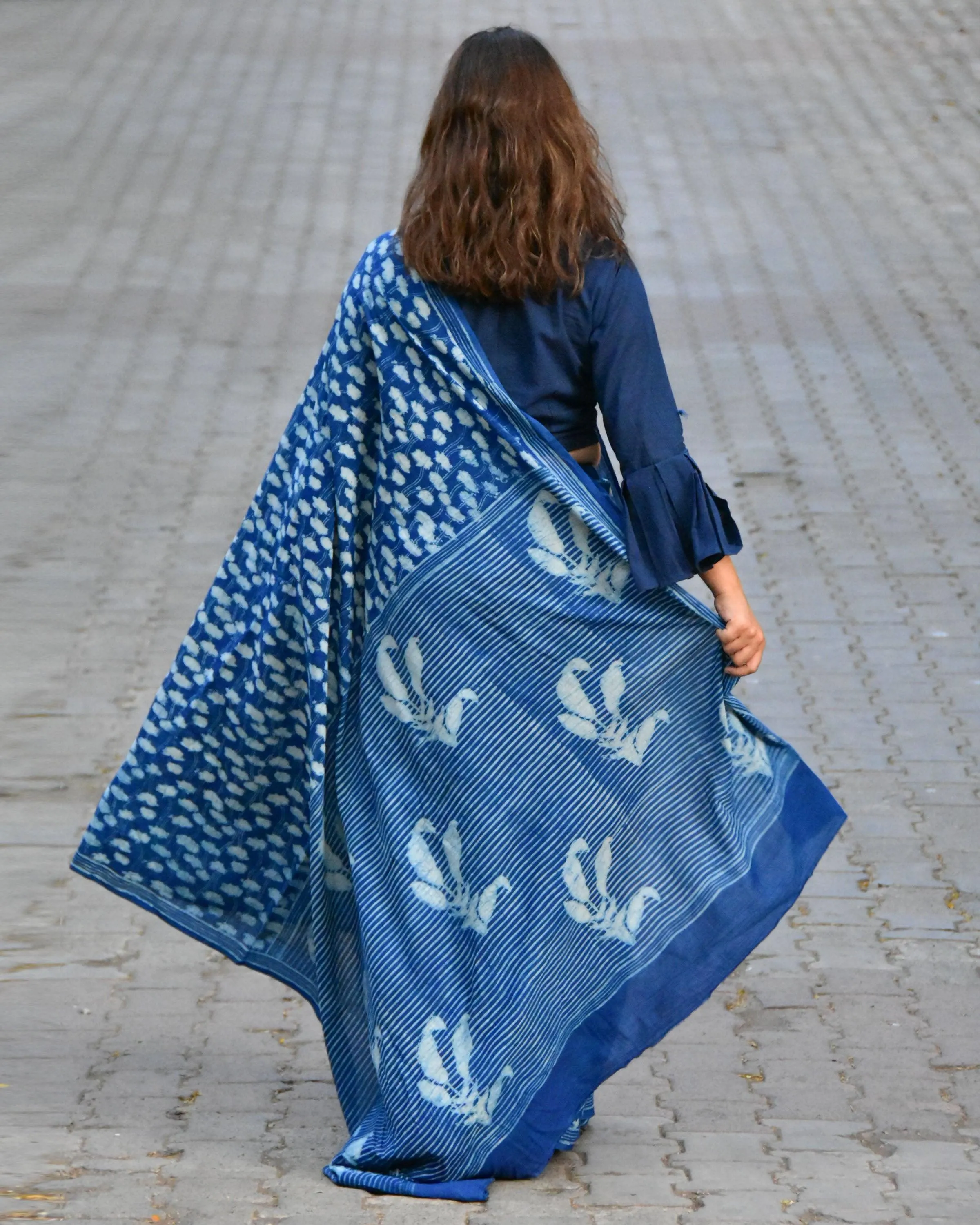 Ekta Handblock Printed Cotton Saree - Akash