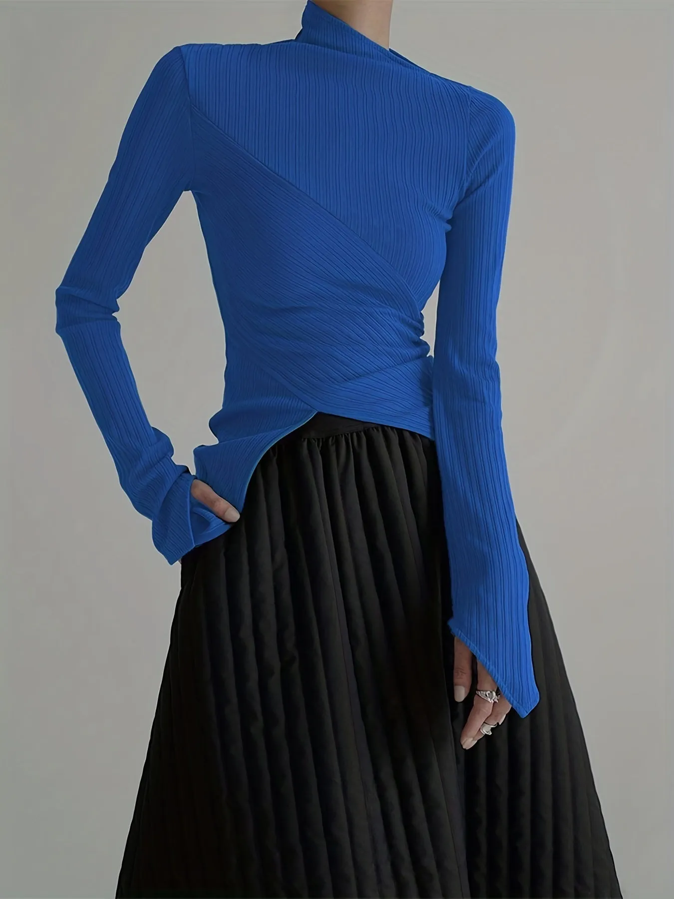 Elegant Long Sleeve Basic  T-Shirts, Solid Casual  T-Shirts For Spring & Fall, Women's Clothing
