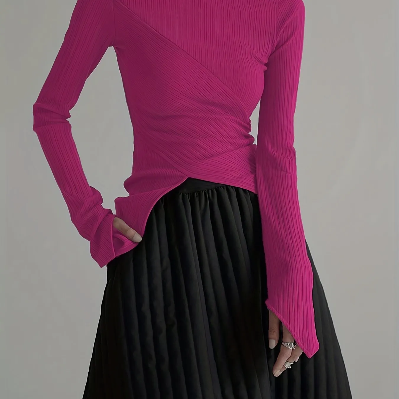 Elegant Long Sleeve Basic  T-Shirts, Solid Casual  T-Shirts For Spring & Fall, Women's Clothing