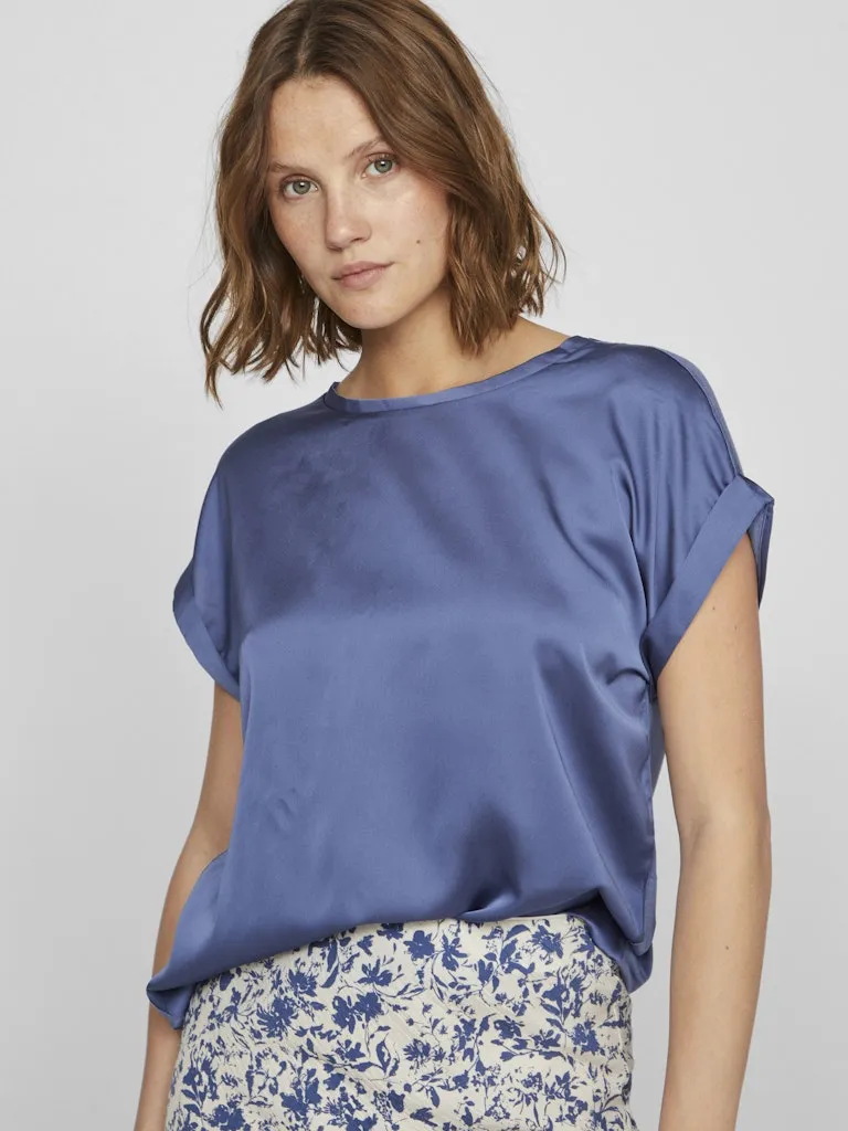 Ellette Short Sleeve Satin Top | Bijou Blue