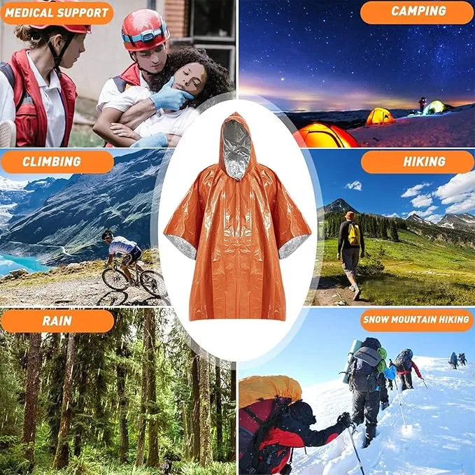 Emergency Poncho with Mylar Lined Hood, Reflective, Thickened Double Sided, 90% Heat Retention, Orange, Ultralight Outdoor Survival Blanket for Men, Women, Adults, Camping, Hiking