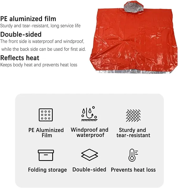 Emergency Poncho with Mylar Lined Hood, Reflective, Thickened Double Sided, 90% Heat Retention, Orange, Ultralight Outdoor Survival Blanket for Men, Women, Adults, Camping, Hiking