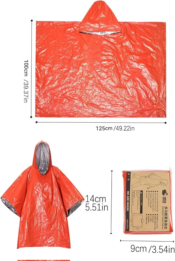 Emergency Poncho with Mylar Lined Hood, Reflective, Thickened Double Sided, 90% Heat Retention, Orange, Ultralight Outdoor Survival Blanket for Men, Women, Adults, Camping, Hiking