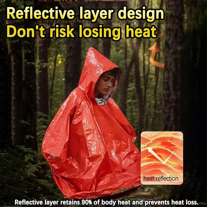 Emergency Poncho with Mylar Lined Hood, Reflective, Thickened Double Sided, 90% Heat Retention, Orange, Ultralight Outdoor Survival Blanket for Men, Women, Adults, Camping, Hiking
