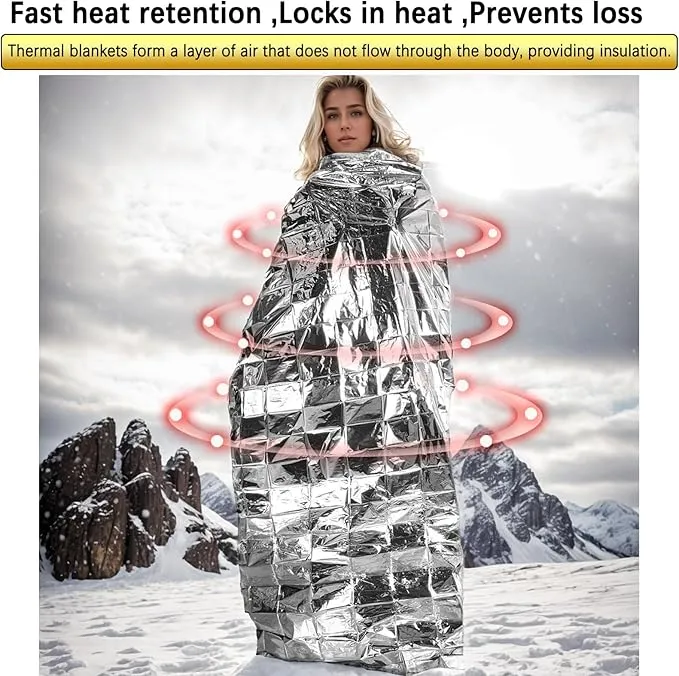 Emergency Poncho with Mylar Lined Hood, Reflective, Thickened Double Sided, 90% Heat Retention, Orange, Ultralight Outdoor Survival Blanket for Men, Women, Adults, Camping, Hiking