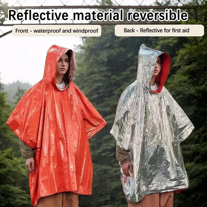 Emergency Poncho with Mylar Lined Hood, Reflective, Thickened Double Sided, 90% Heat Retention, Orange, Ultralight Outdoor Survival Blanket for Men, Women, Adults, Camping, Hiking