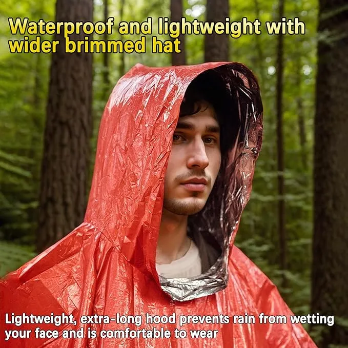 Emergency Poncho with Mylar Lined Hood, Reflective, Thickened Double Sided, 90% Heat Retention, Orange, Ultralight Outdoor Survival Blanket for Men, Women, Adults, Camping, Hiking