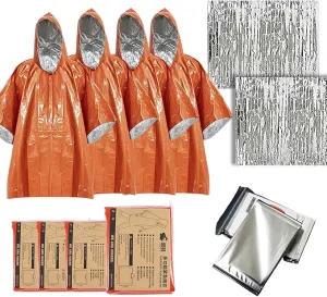 Emergency Poncho with Mylar Lined Hood, Reflective, Thickened Double Sided, 90% Heat Retention, Orange, Ultralight Outdoor Survival Blanket for Men, Women, Adults, Camping, Hiking