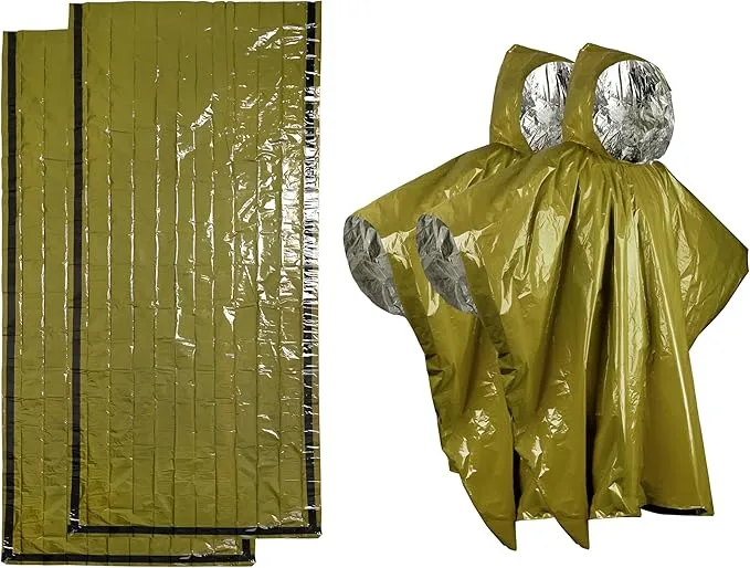 Emergency Rain Poncho & Sleeping Bag Set of 2 Green Thermal Mylar Space Blanket Sack Survival Kit for Car Activities Hiking Camping Gear Equipment