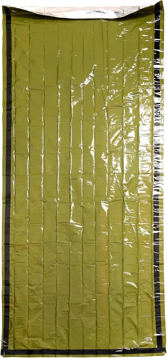Emergency Rain Poncho & Sleeping Bag Set of 2 Green Thermal Mylar Space Blanket Sack Survival Kit for Car Activities Hiking Camping Gear Equipment