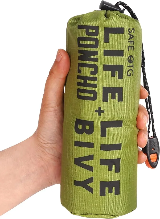 Emergency Rain Poncho & Sleeping Bag Set of 2 Green Thermal Mylar Space Blanket Sack Survival Kit for Car Activities Hiking Camping Gear Equipment