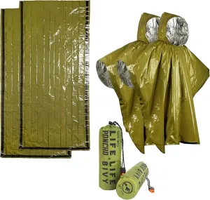 Emergency Rain Poncho & Sleeping Bag Set of 2 Green Thermal Mylar Space Blanket Sack Survival Kit for Car Activities Hiking Camping Gear Equipment