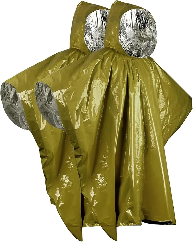 Emergency Rain Poncho & Sleeping Bag Set of 2 Green Thermal Mylar Space Blanket Sack Survival Kit for Car Activities Hiking Camping Gear Equipment