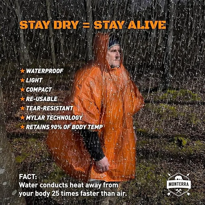 Emergency Survival Poncho. 2 Thermal Mylar Space Blanket Rain Ponchos. Camping Accessories, Outdoor Survival Gear.