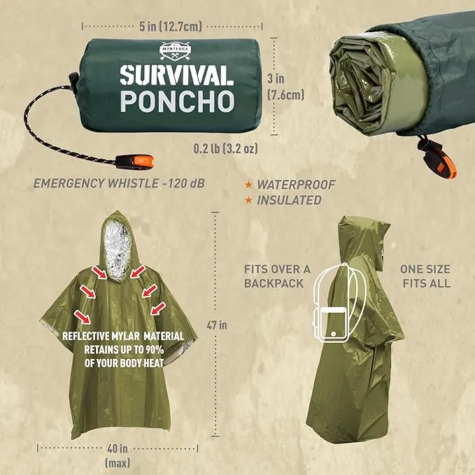 Emergency Survival Poncho. 2 Thermal Mylar Space Blanket Rain Ponchos. Camping Accessories, Outdoor Survival Gear.